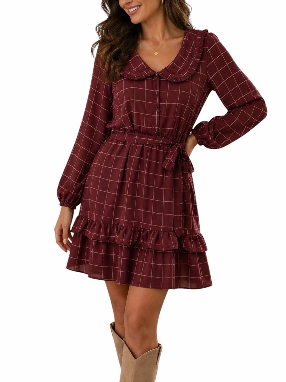 LC Lauren Conrad Burgundy Plaid Ruffle Dress Long Sleeve Tie Waist Feminine NWT